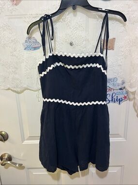 Trixxi Navy Romper with White Scalloped Trim